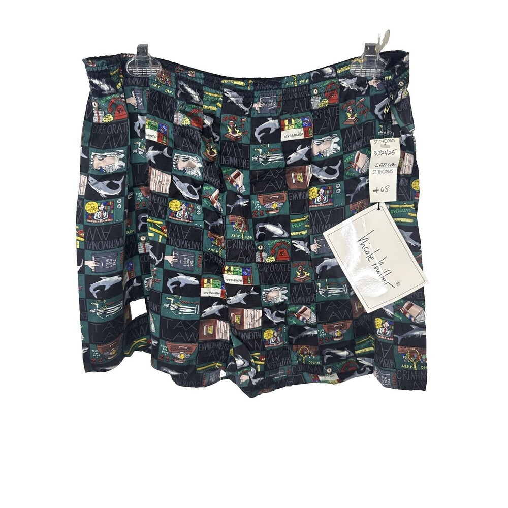 Vintage 1993 Nicole Miller 100% Silk Law Novelty Graphic Print Shorts Mens Large